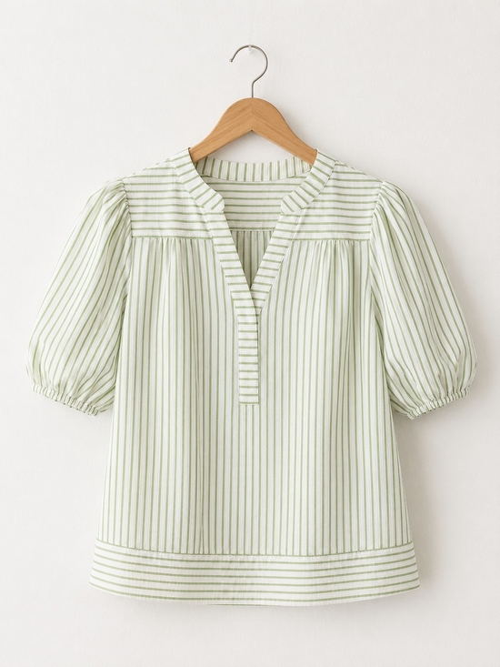 She + Sky Tops - Light Green Striped Puff-Sleeve Top - Women's Casual Summer Blouse